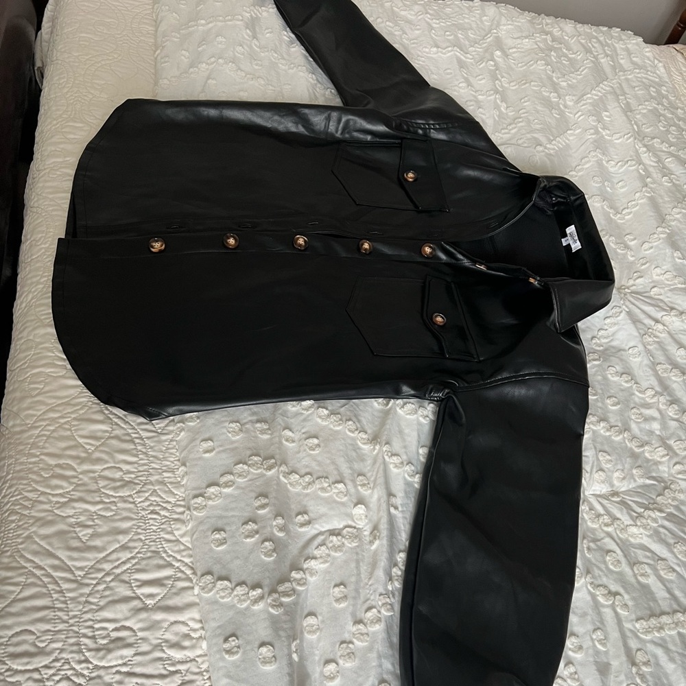 Black Button Down Leather Shacket - image 7
